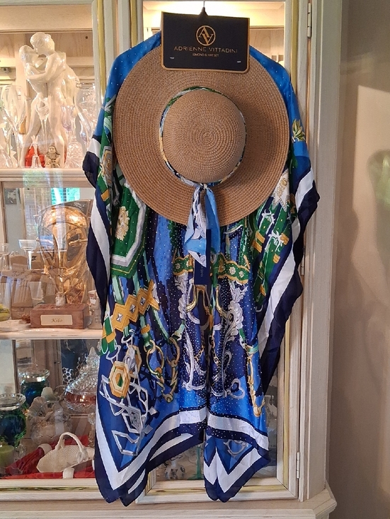 Adrienne Vittadini Other - Adrienne Vittadini Blue, Green & Navy Silk Resort Kimono &  Straw Hat Set. NWT.